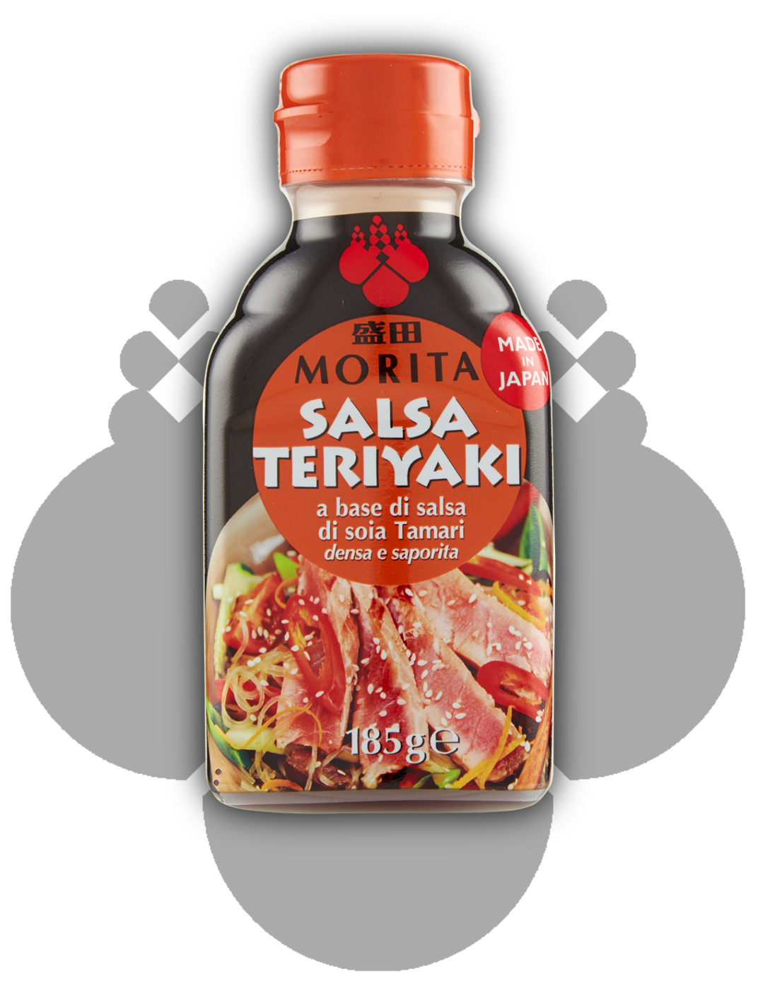 La boccetta di salsa teriyaki Morita con il logo Morita sullo sfondo.